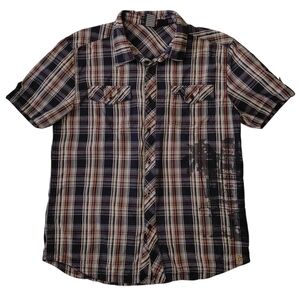 Men's Casual Plaid Button-Down Shirt - Black and Orange